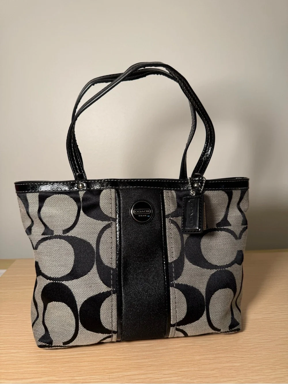 Vintage Y2K Coach Signature Stripe Small Tote Bag Black/Gray Jacquard F15112